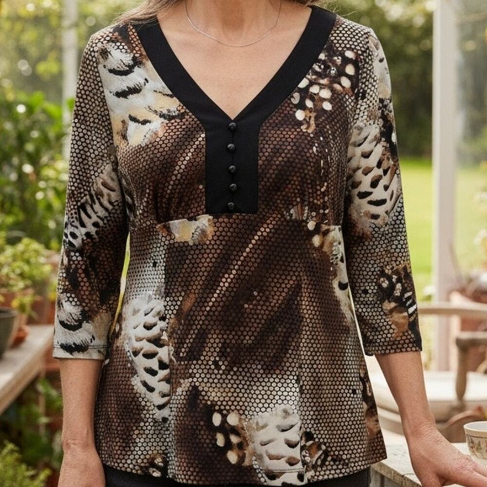 Vintage Animal Print Geometric Tunic Top S/M Black Brown White Grey V‑Neck